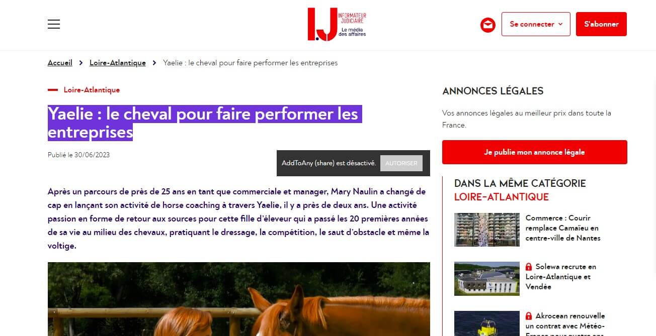 Article de presse sur Conseil en Organisation - Yaelie le cheval pour faire performer les entreprises sur le site de l'Informateur Judiciaire